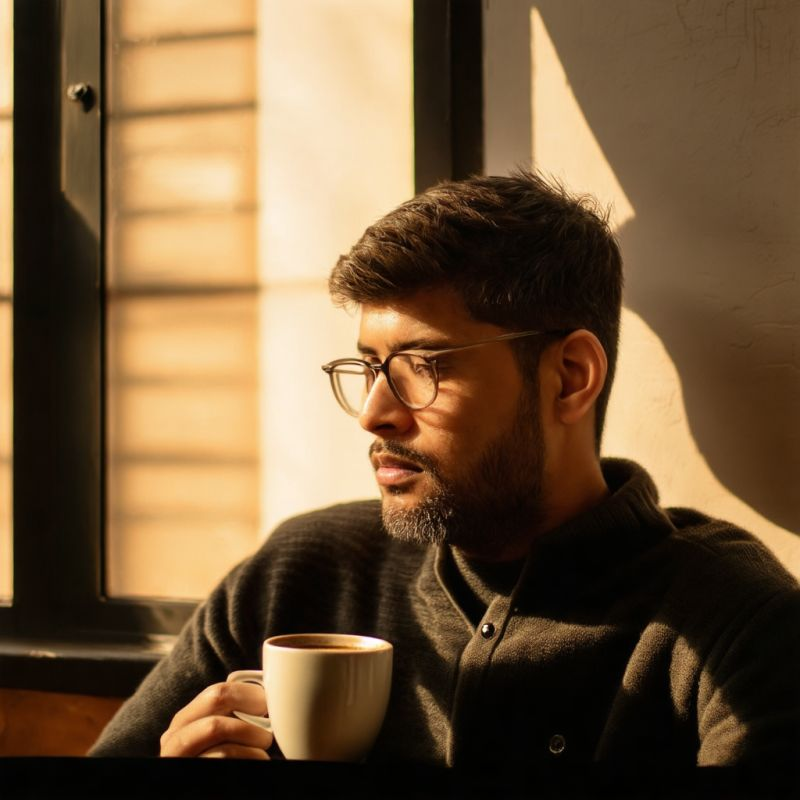 A man with glasses holding a coffee cup in sunlight